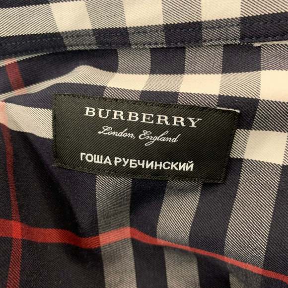 BURBERRY Navy White & Red Plaid Cotton Button Down Short Sleeve Shirt - Picture 4 of 7